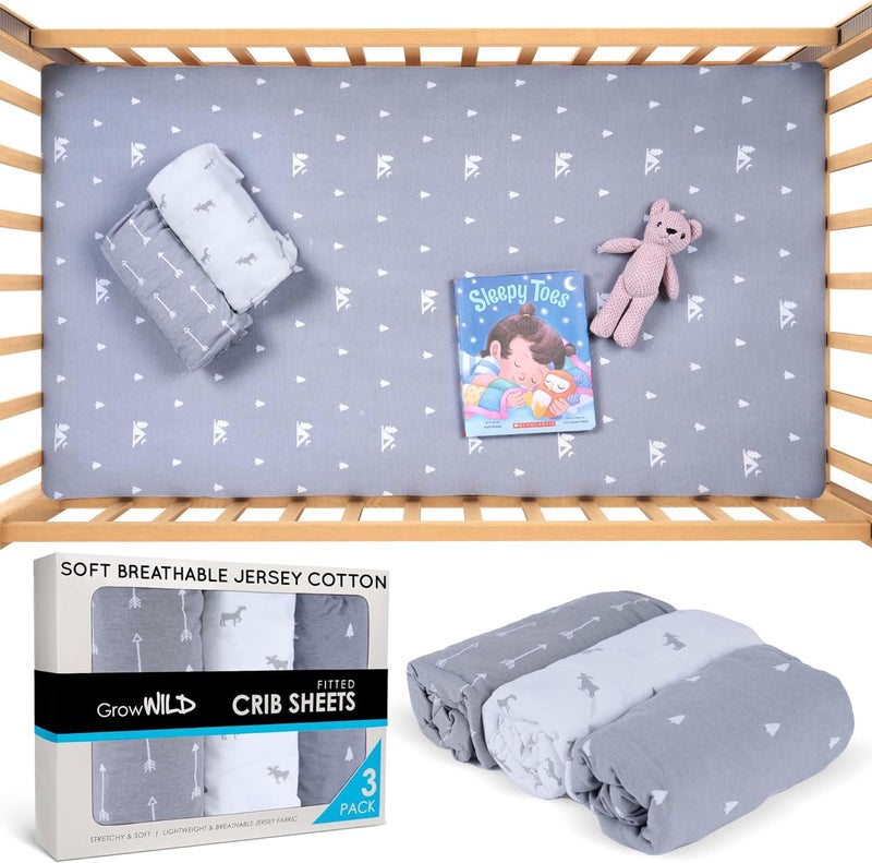 GrowWILD Fitted Unisex Crib Sheets (3 Pack) by GROW WILD - Jersey Knit Cotton Crib Sheets for Boys or Girls, 52” x 28” x 9” Crib Bedding Set (Woodland Gray and White) - Image 4